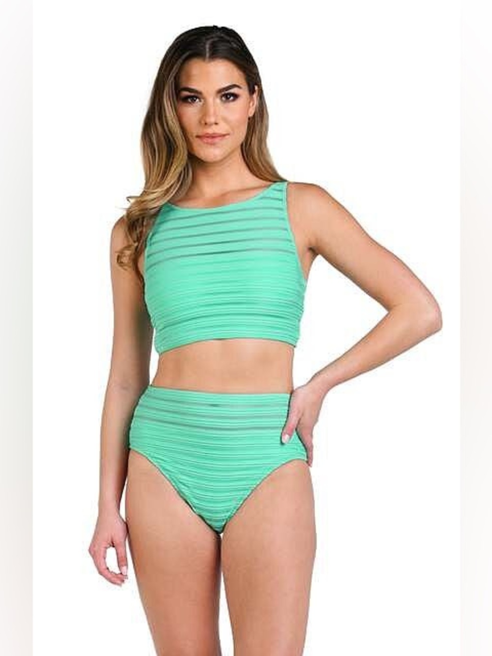 La Blanca Fluid Lines High Neck Mesh Top & High Waist Bottoms, size 12
